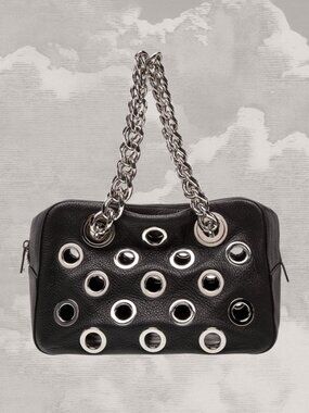 PRADA Grommet Bag Nero Vitello Daino Leather Shoulder Black Silver Pouch